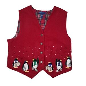 Karen Scott Christmas Vest Women's Large Red Penguin Festive Holiday Ice Skating